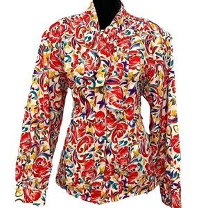 Alicia Button Up Blouse Womens 10 M Multicolor Tie Neck Secretary Vintage Modest